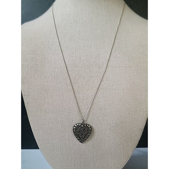 Italian 925 Sterling Silver Marcasite Heart Shaped Pendant Necklace Vintage - Picture 5 of 10